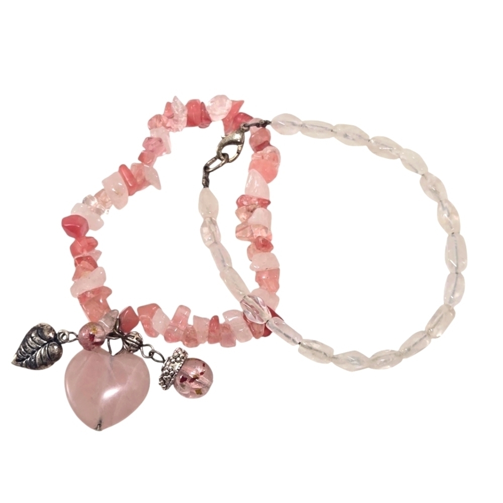 Stone Bracelet Set Stretch Strawberry and Rose Quartz Heart & Clear Quartz Clasp